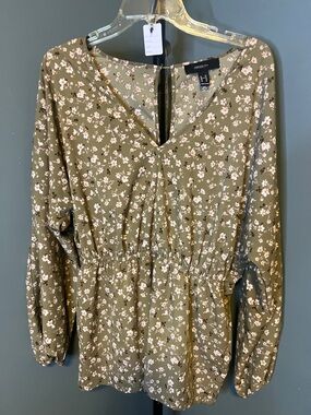 Forever 21 Olive Green Floral V-Neck Peplum Blouse
